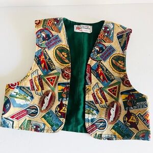 Vintage-Inspired Handmade Vest w/ Retro Airline Travel Patch Print One of a kind